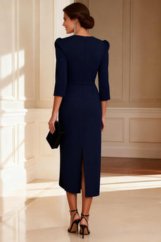 Bodycon Navy V Neck Midi Mother of the Bride Dress with Sleeves