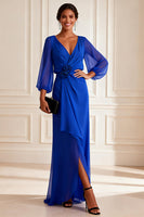 Load image into Gallery viewer, Royal Blue V Neck Asymmetrical Chiffon Floral Mother of the Bride Dress