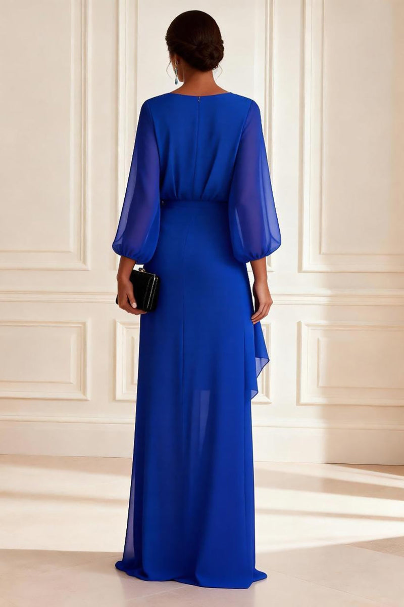 Load image into Gallery viewer, Royal Blue V Neck Asymmetrical Chiffon Floral Mother of the Bride Dress