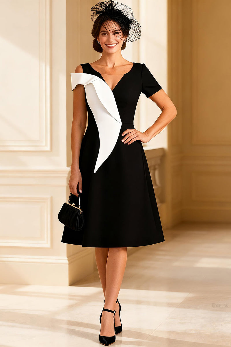 Load image into Gallery viewer, Black and White A Line V Neck Midi Mother of the Bride Dress