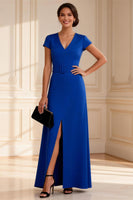 Load image into Gallery viewer, Royal Blue Sheath V Neck Long Mother of the Bride Dress with Slit
