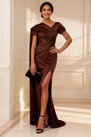 Load image into Gallery viewer, Chocolate Mermaid Long Ruched Mother of the Bride Dress with Side Cape