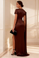 Load image into Gallery viewer, Chocolate Mermaid Long Ruched Mother of the Bride Dress with Side Cape