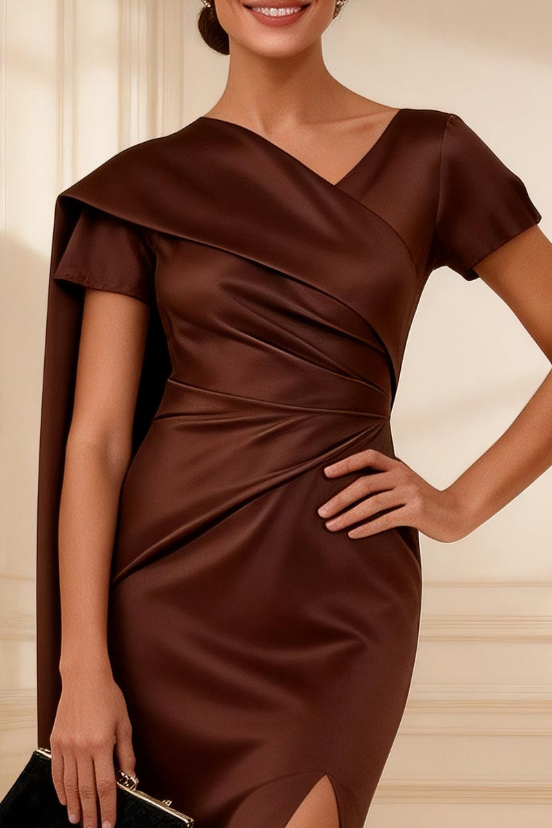 Load image into Gallery viewer, Chocolate Mermaid Long Ruched Mother of the Bride Dress with Side Cape