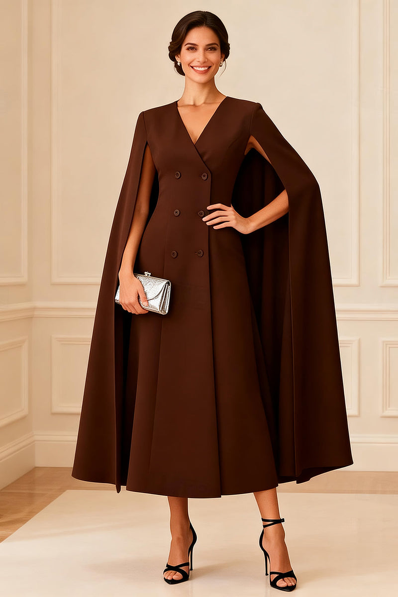 Load image into Gallery viewer, Chocolate Double Breasted V Neck Ankle Length Mother of the Bride Dress with Cape