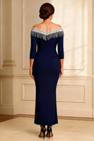 Load image into Gallery viewer, Sparkly Navy Sheath Illusion Round Neck Long Mother of the Bride Dress with Slit