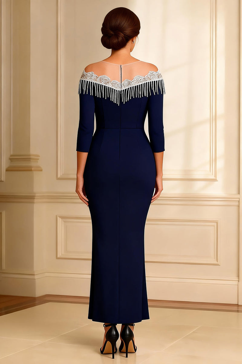 Load image into Gallery viewer, Sparkly Navy Sheath Illusion Round Neck Long Mother of the Bride Dress with Slit
