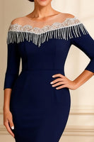 Load image into Gallery viewer, Sparkly Navy Sheath Illusion Round Neck Long Mother of the Bride Dress with Slit