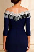 Load image into Gallery viewer, Sparkly Navy Sheath Illusion Round Neck Long Mother of the Bride Dress with Slit
