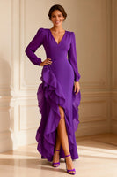 Load image into Gallery viewer, Purple V Neck Asymmetrical Ruffled Mother of the Bride Dress with Slit
