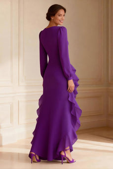 Purple V Neck Asymmetrical Ruffled Mother of the Bride Dress with Slit