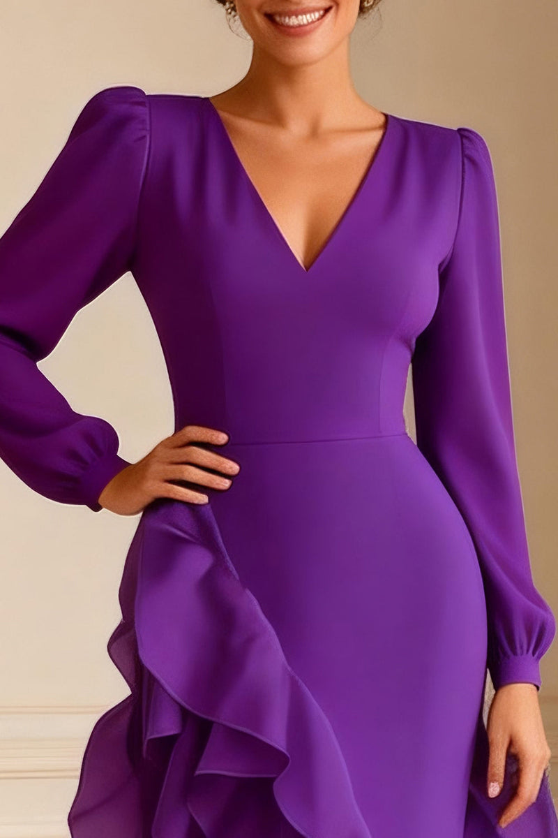 Load image into Gallery viewer, Purple V Neck Asymmetrical Ruffled Mother of the Bride Dress with Slit