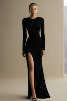 Load image into Gallery viewer, Simple Black Sheath Satin Long Formal Dress with Slit