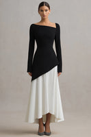 Load image into Gallery viewer, Black and White Asymmetrical Neck Sheath Long Sleeves Formal Dress