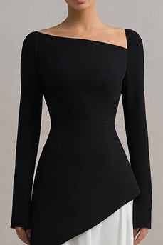 Black and White Asymmetrical Neck Sheath Long Sleeves Formal Dress