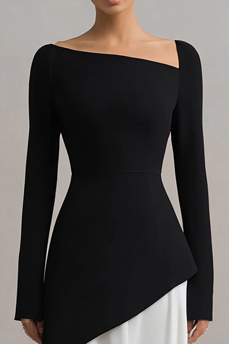 Load image into Gallery viewer, Black and White Asymmetrical Neck Sheath Long Sleeves Formal Dress