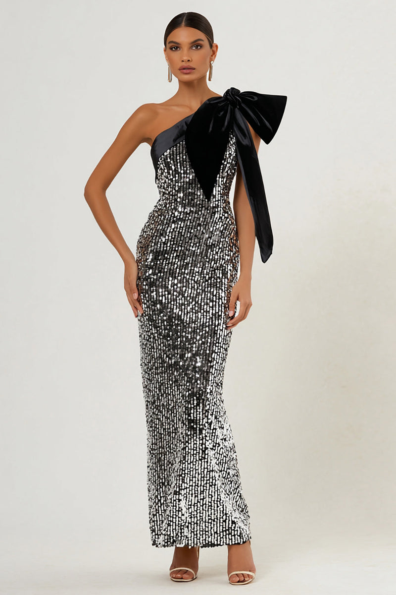 Load image into Gallery viewer, Sparkly Light Grey Sequin One Shoulder Long Formal Dress with Bow