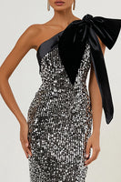Load image into Gallery viewer, Sparkly Light Grey Sequin One Shoulder Long Formal Dress with Bow
