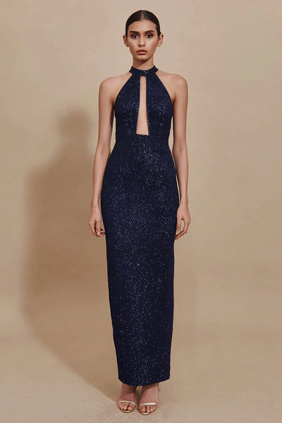 Sparky Navy Sheath Sequin Long Formal Dress with Keyhole