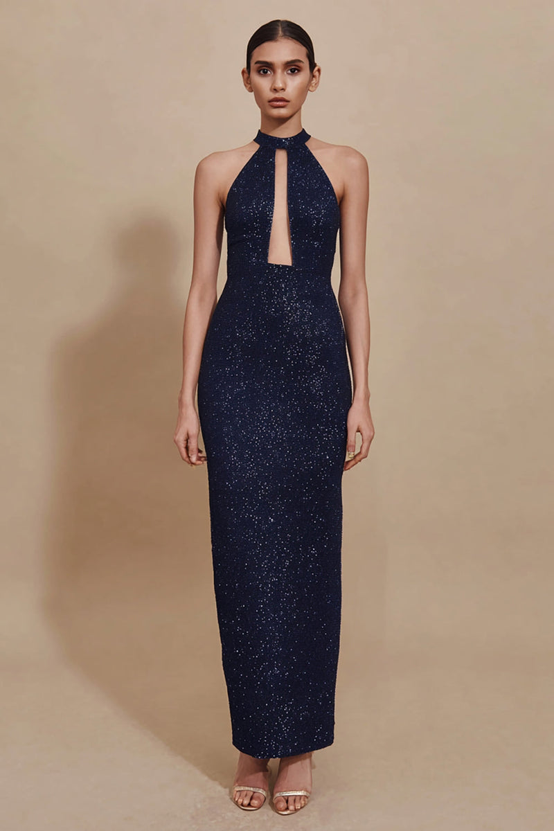 Load image into Gallery viewer, Sparky Navy Sheath Sequin Long Formal Dress with Keyhole