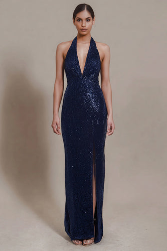Sparky Navy Halter Neck Sheath Sequin Long Formal Dress with Slit