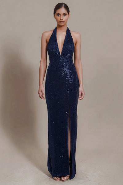 Sparky Navy Halter Neck Sheath Sequin Long Formal Dress with Slit