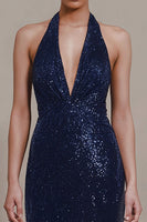 Load image into Gallery viewer, Sparky Navy Halter Neck Sheath Sequin Long Formal Dress with Slit