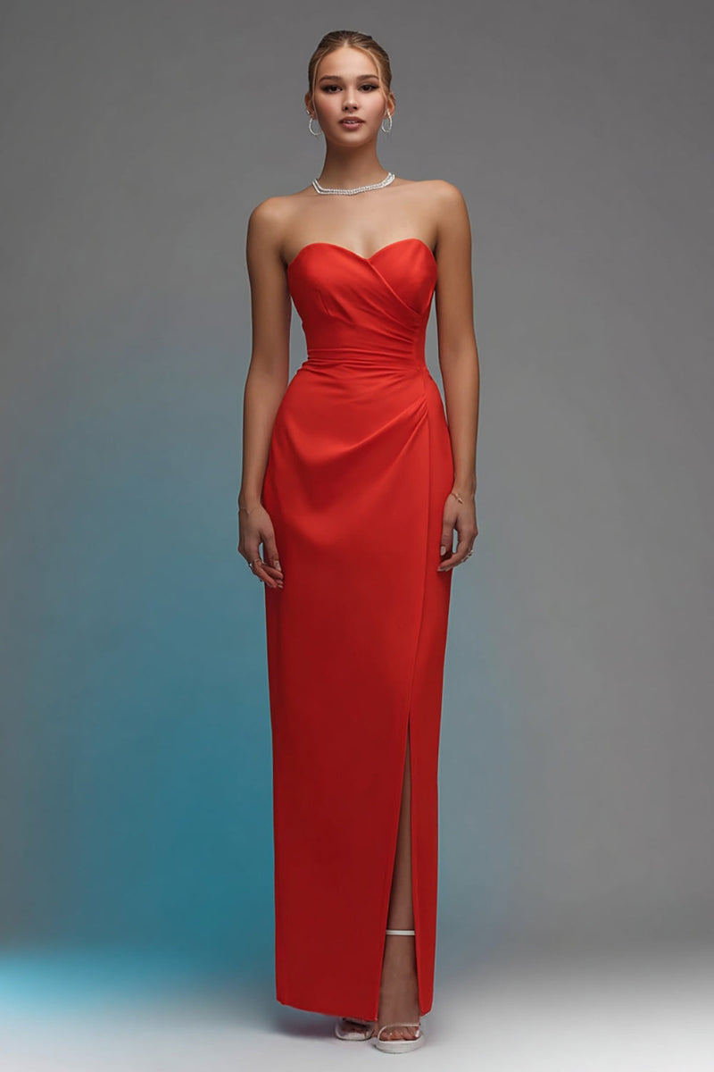 Load image into Gallery viewer, Red Sheath Ruched Sweetheart Long Formal Dress with Slit