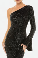 Load image into Gallery viewer, Sparkly Black One Shoulder Long Sleeves Sequin Formal Dress