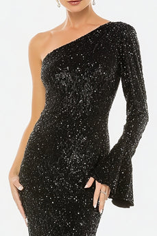 Sparkly Black One Shoulder Long Sleeves Sequin Formal Dress