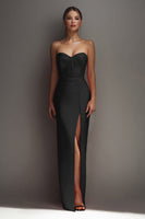 Load image into Gallery viewer, Black Sweetheart Sheath Satin Long Formal Dress with Slit