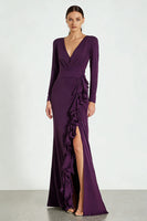 Load image into Gallery viewer, Plum V-Neck Satin Long Sleeves Formal Dress with Slit