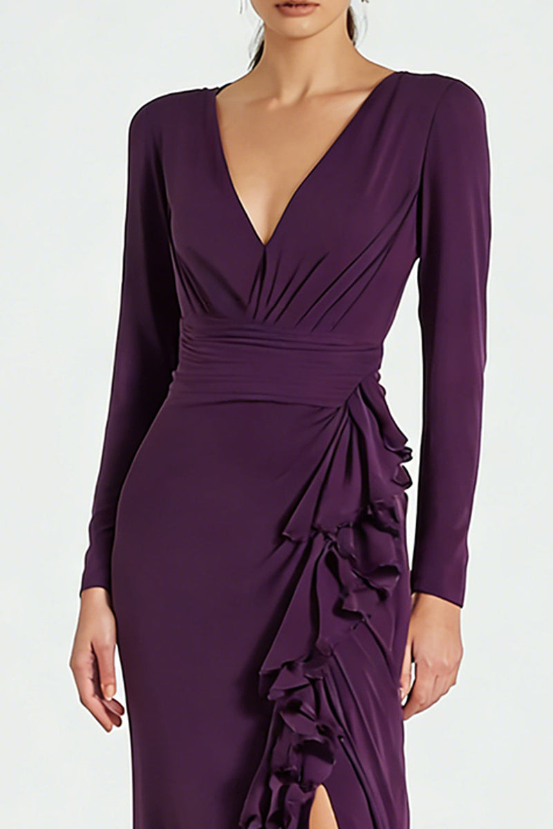 Load image into Gallery viewer, Plum V-Neck Satin Long Sleeves Formal Dress with Slit