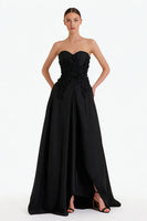 Load image into Gallery viewer, Floral Black Sweetheart Satin Long Formal Dress with Slit