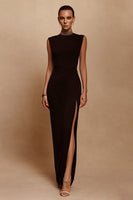 Load image into Gallery viewer, Sparkly Black Sheath Long Satin Formal Dress with Slit