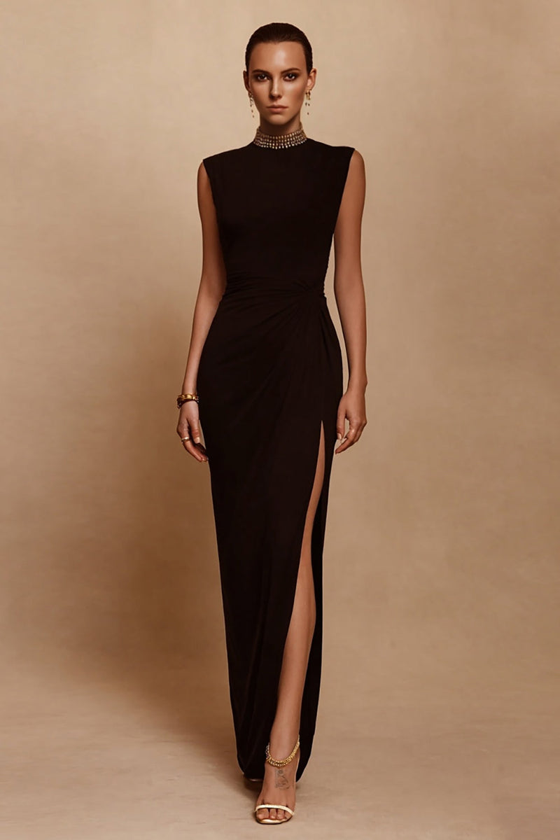 Load image into Gallery viewer, Sparkly Black Sheath Long Satin Formal Dress with Slit