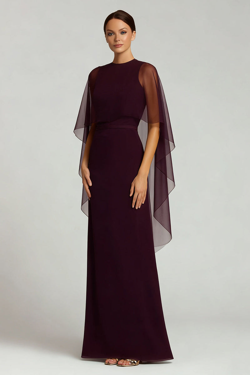 Load image into Gallery viewer, Burgundy Crew Neck Chiffon Sheath Long Formal Dress with Cape