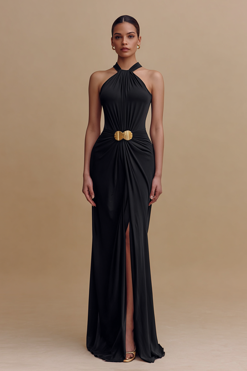 Load image into Gallery viewer, Black Halter Neck Satin Sheath Long Formal Dress with Slit