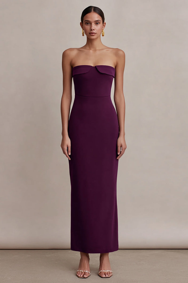 Load image into Gallery viewer, Plum Strapless Satin Long Sheath Formal Dress