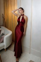 Load image into Gallery viewer, Burgundy Halter Neck Satin Long Sheath Formal Dress
