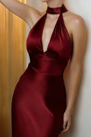 Load image into Gallery viewer, Burgundy Halter Neck Satin Long Sheath Formal Dress