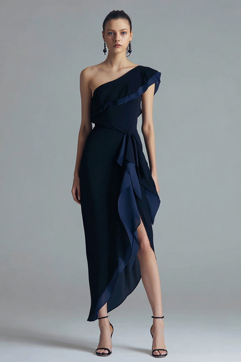 Load image into Gallery viewer, Black and Navy Chiffon One Shoulder Asymmetrical Formal Dress