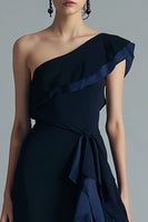 Load image into Gallery viewer, Black and Navy Chiffon One Shoulder Asymmetrical Formal Dress