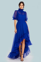 Load image into Gallery viewer, Royal Blue High Neck Asymmetrical Tulle Long Formal Dress with Sleeves