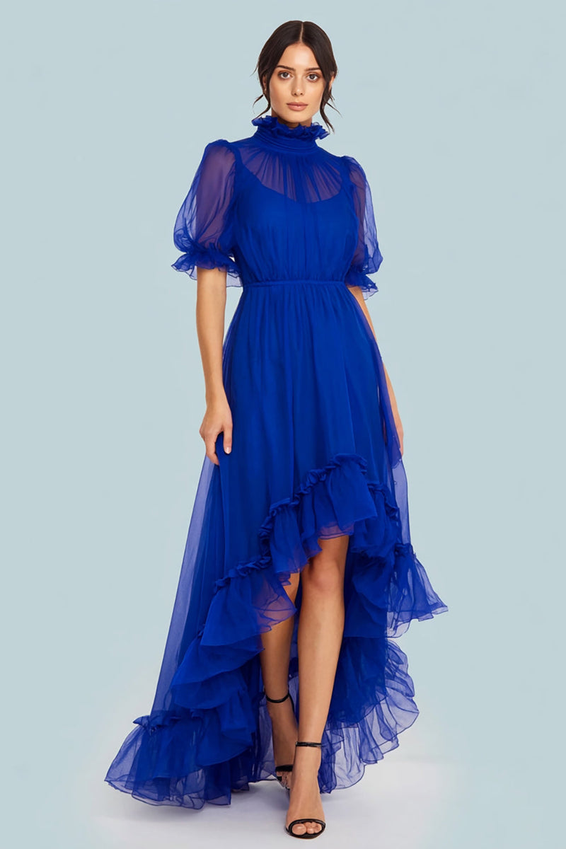 Load image into Gallery viewer, Royal Blue High Neck Asymmetrical Tulle Long Formal Dress with Sleeves