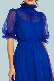 Royal Blue High Neck Asymmetrical Tulle Long Formal Dress with Sleeves