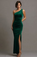 Load image into Gallery viewer, Dark Green Satin One Shoulder Mermaid Long Formal Dress with Slit