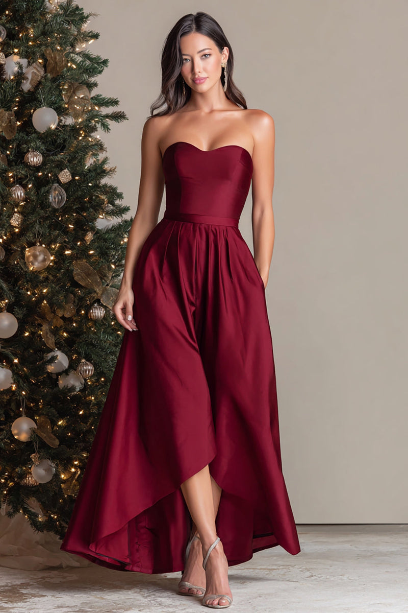 Load image into Gallery viewer, Burgundy Strapless Asymmetrical Satin Long Formal Dress