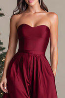 Load image into Gallery viewer, Burgundy Strapless Asymmetrical Satin Long Formal Dress