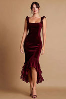 Load image into Gallery viewer, Burgundy Satin Ruffled Midi Mermaid Semi-Formal Dress